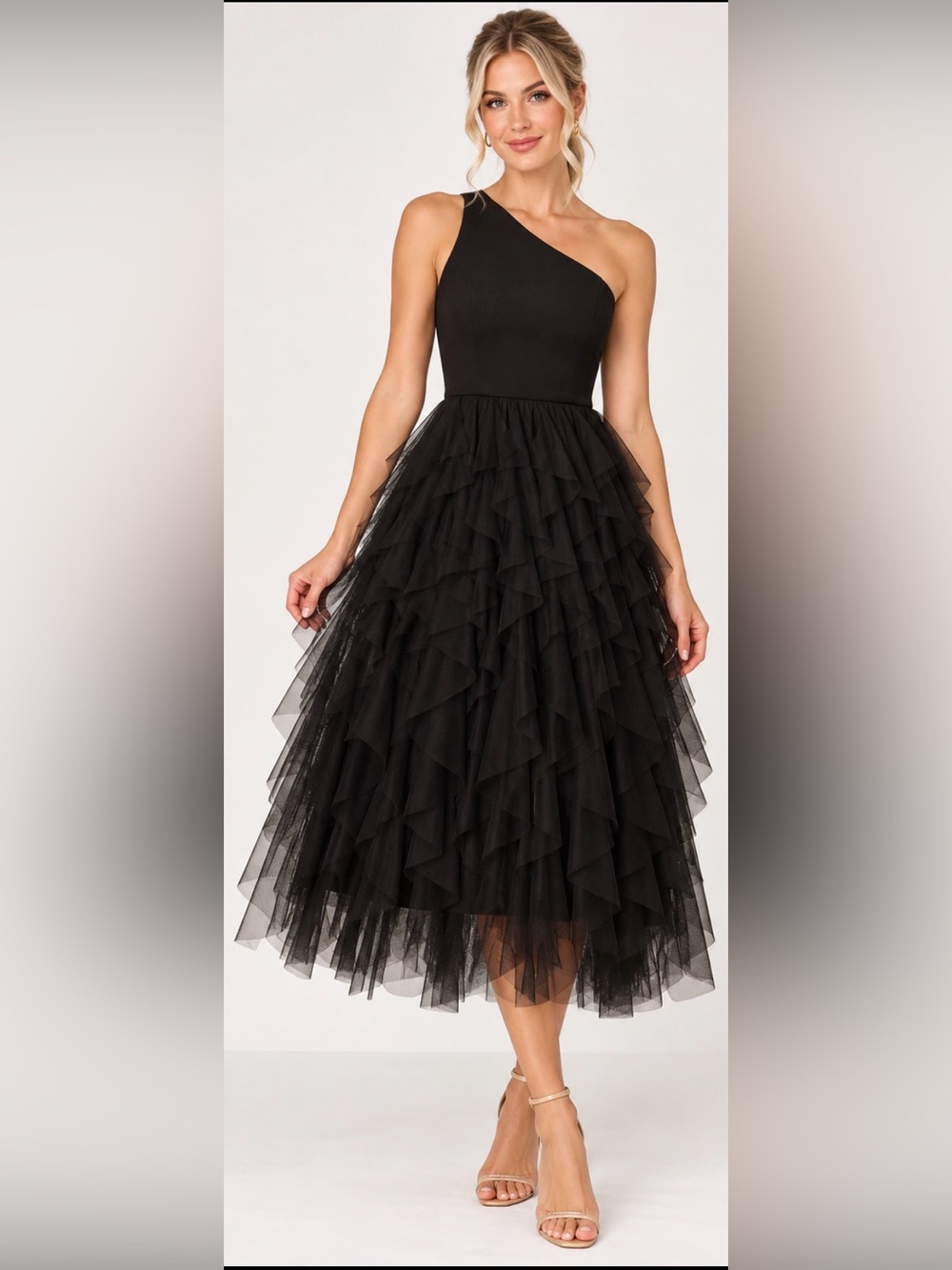 Adrianna Papell Size 10 Black One Shoulder Tiered Tulle Midi Dress NWT GALA MOB